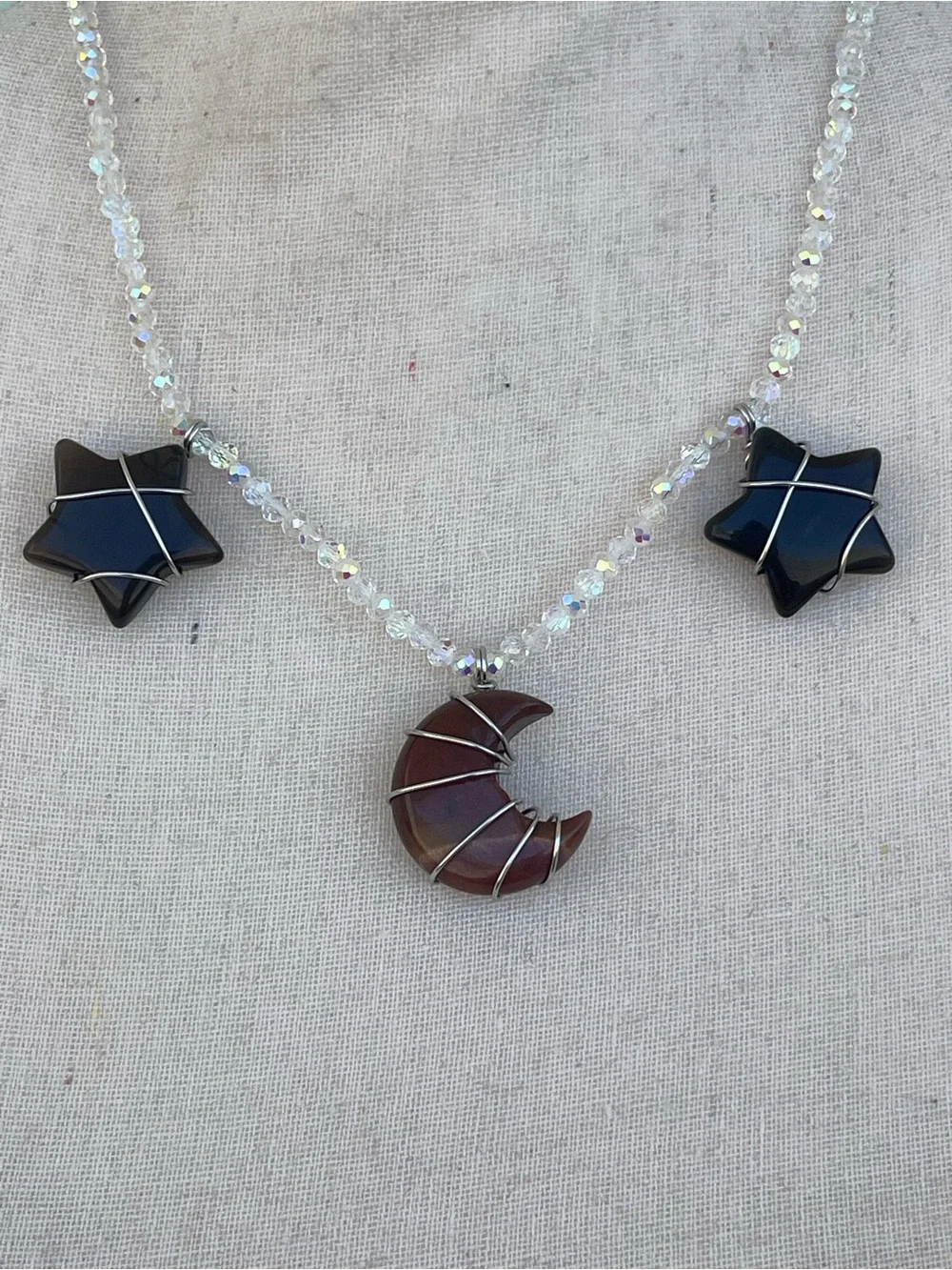 Mookaite Moon & Smokey Quartz Stars Necklace on Glass Beaded Chain Handmade